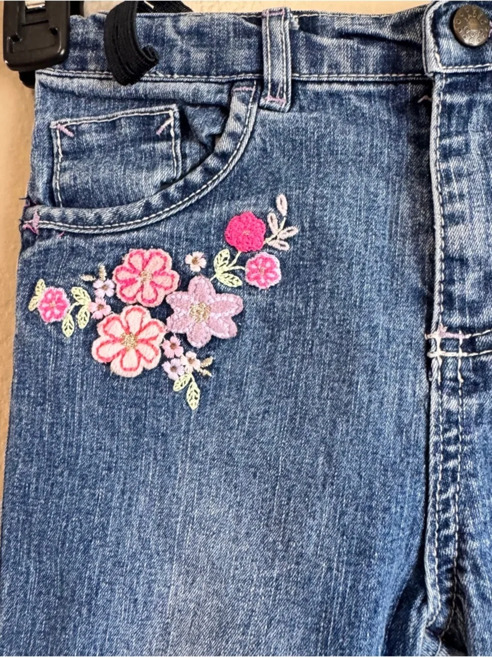 Faded Glory Blue Denim Jeans with Pink Floral Embroidery